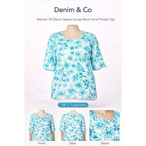 Denim & Co Womens 3X Elbow Sleeve Scoop Neck Floral Printed Top Turquoise A23262